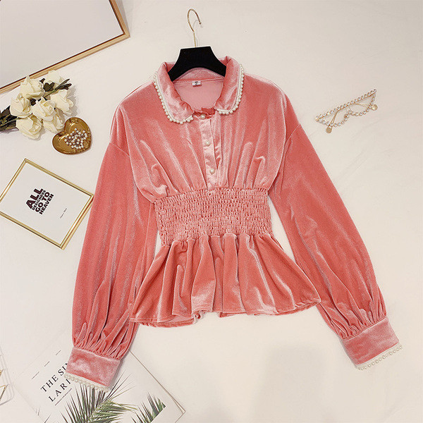 Modern női bársony ing gallérral, rózsaszín és fekete színben