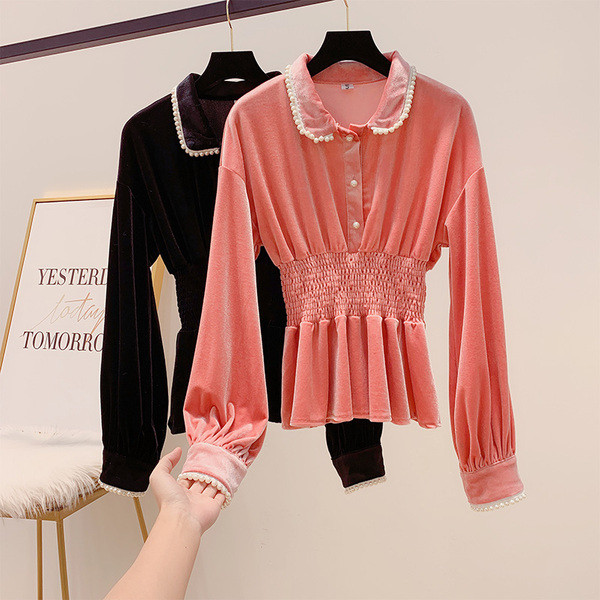 Modern női bársony ing gallérral, rózsaszín és fekete színben