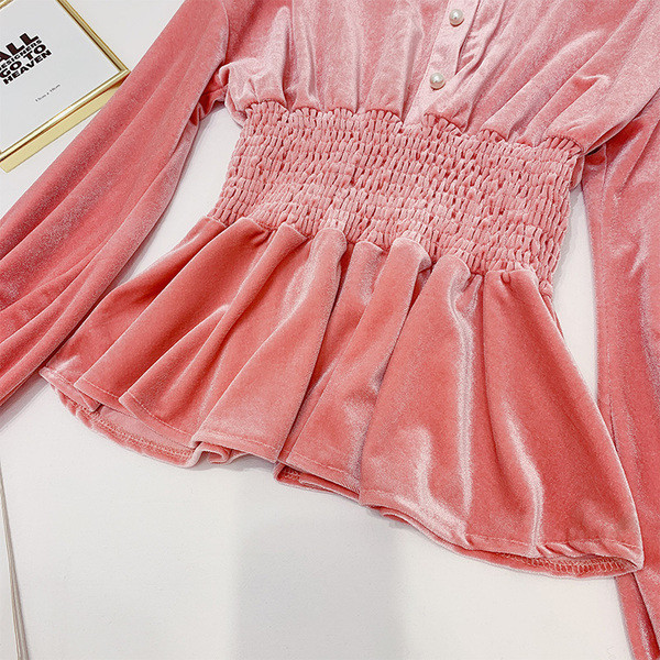 Modern női bársony ing gallérral, rózsaszín és fekete színben