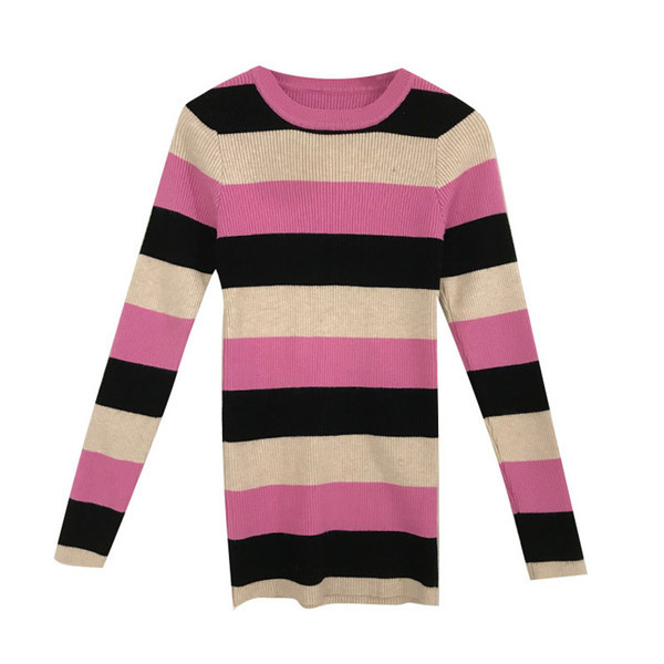 Pulover de dama in dungi cu decolteu rotund - in roz si albastru