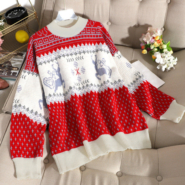 Pulover modern cu motiv de Crăciun în roșu și albastru