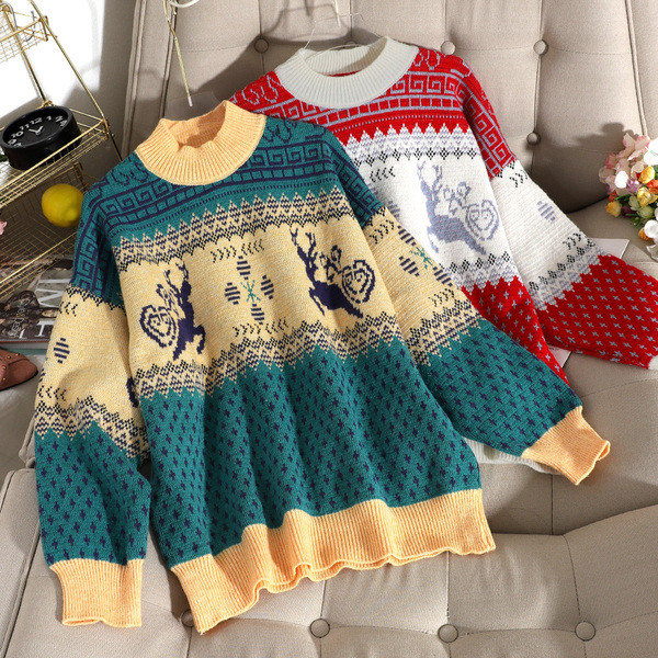 Pulover modern cu motiv de Crăciun în roșu și albastru