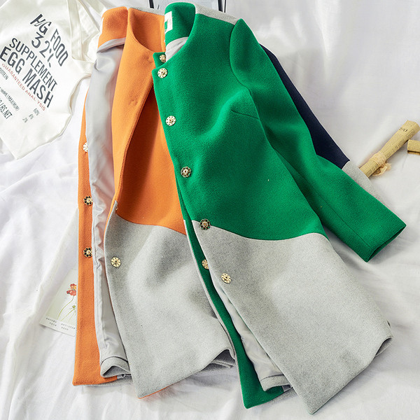 Palton modern de toamna de dama cu nasturi in verde si portocaliu