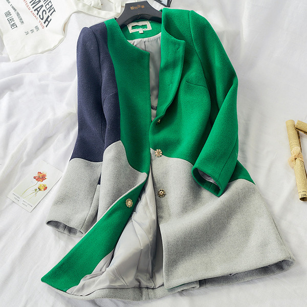 Palton modern de toamna de dama cu nasturi in verde si portocaliu