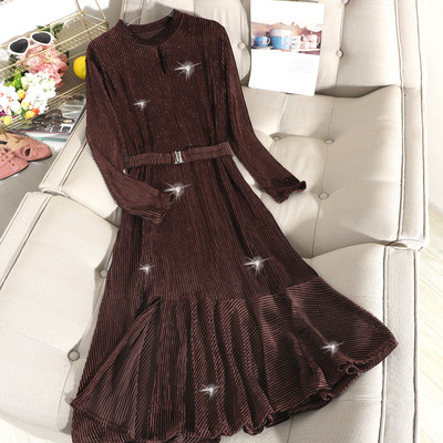 Rochie de dama lunga din catifea cu efect stralucitor si curea