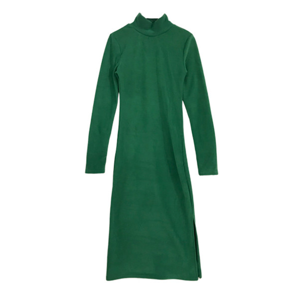 Rochie dama model slim cu guler inalt si crapatura in negru si verde