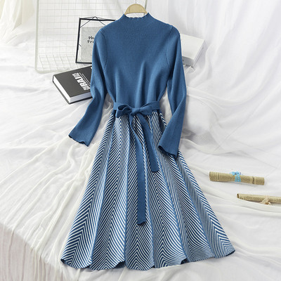 Rochie moderna de toamna-iarna de dama cu maneci lungi si centura in talie - mai multe culori