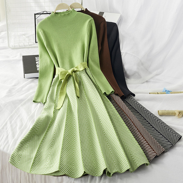 Rochie moderna de toamna-iarna de dama cu maneci lungi si centura in talie - mai multe culori