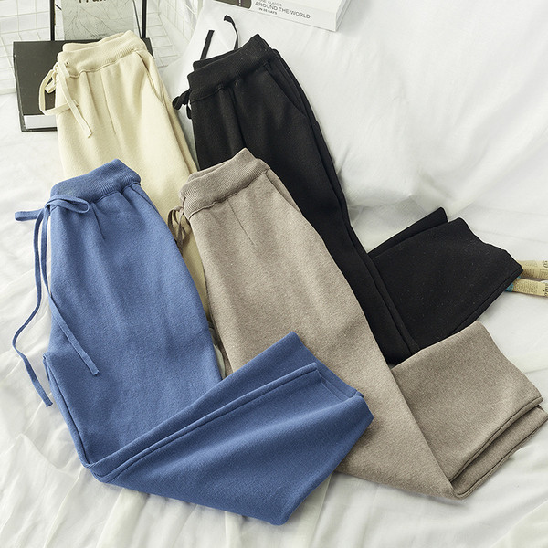 Pantaloni casual dama de iarna cu talie elastica si cravate