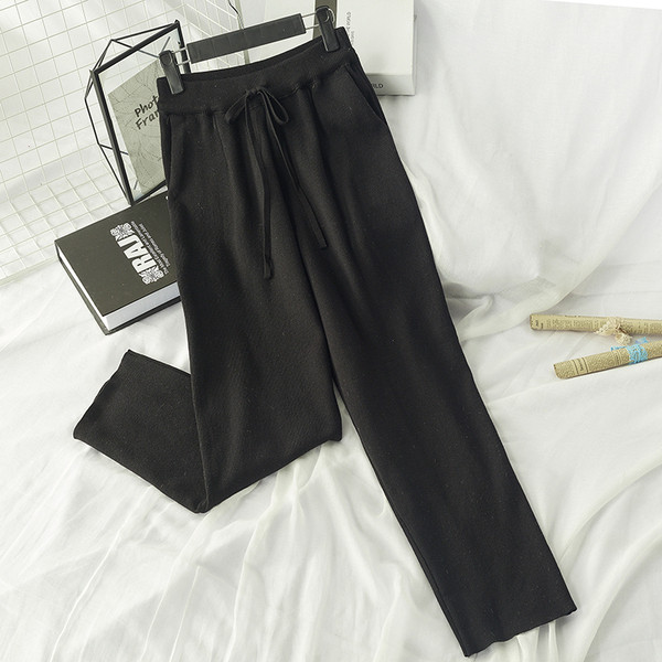 Pantaloni casual dama de iarna cu talie elastica si cravate