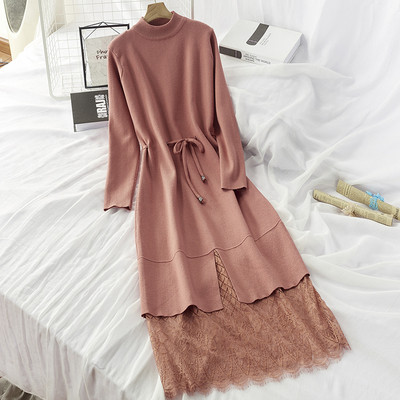 Női téli ruha derékban összekötővel és csipkével - többféle színben