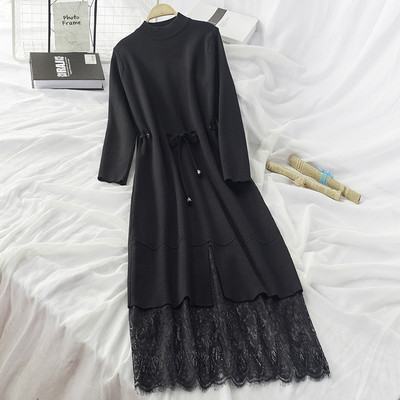 Női téli ruha derékban összekötővel és csipkével - többféle színben