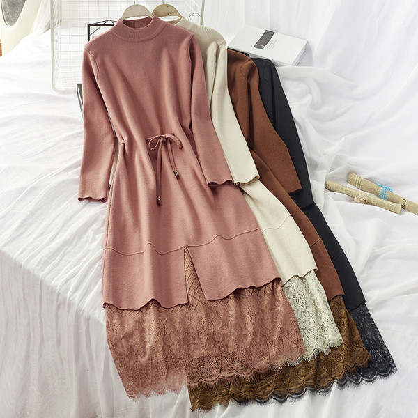 Női téli ruha derékban összekötővel és csipkével - többféle színben