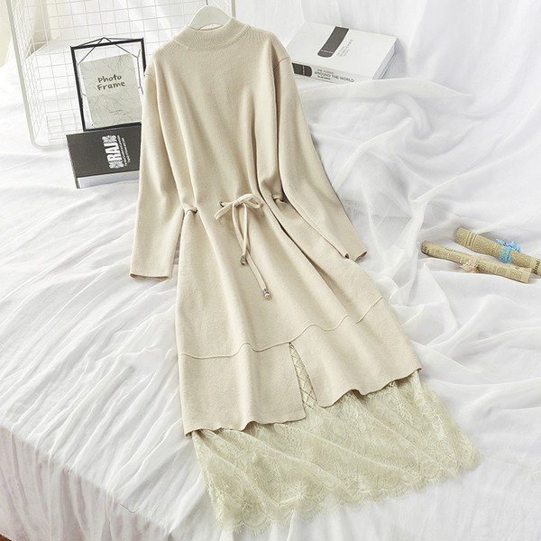 Női téli ruha derékban összekötővel és csipkével - többféle színben