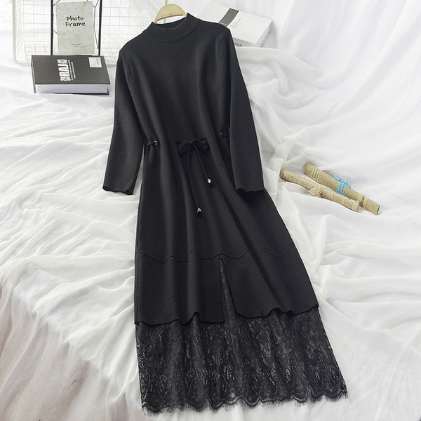 Női téli ruha derékban összekötővel és csipkével - többféle színben