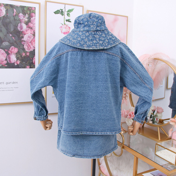 Set denim de dama model nou din doua piese fusta + jacheta albastru