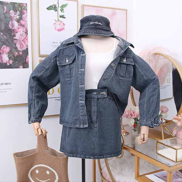 Set denim de dama model nou din doua piese fusta + jacheta albastru
