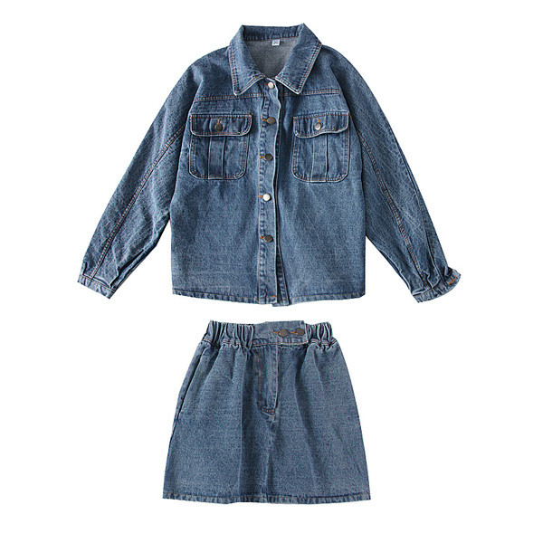 Set denim de dama model nou din doua piese fusta + jacheta albastru