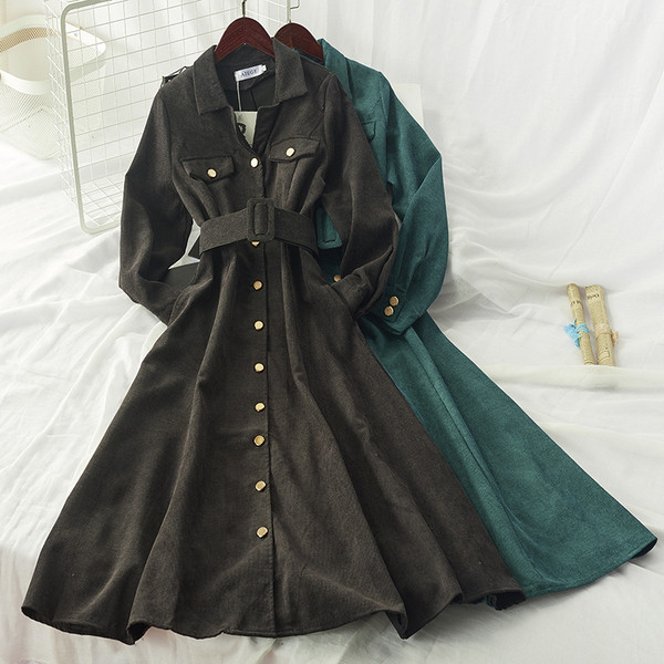 Rochie lunga de dama cu curea in talie si guler clasic in mai multe culori