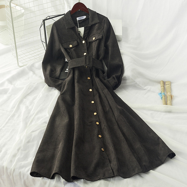 Rochie lunga de dama cu curea in talie si guler clasic in mai multe culori