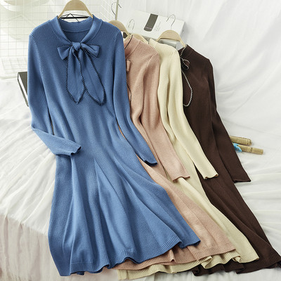 Őszi női hosszú ruha gallérján szalaggal - többféle színben