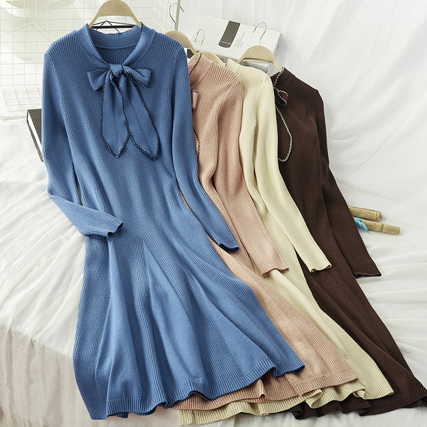 Őszi női hosszú ruha gallérján szalaggal - többféle színben