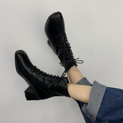 Cizme casual de dama cu toc patrat si sireturi in negru