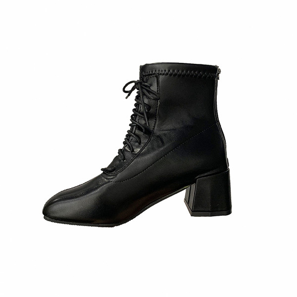 Cizme casual de dama cu toc patrat si sireturi in negru