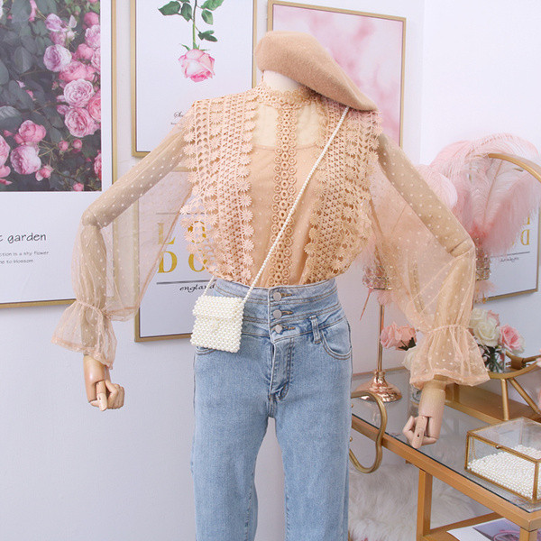 Bluza de dama din dantela cu maneci din tul in mai multe culori