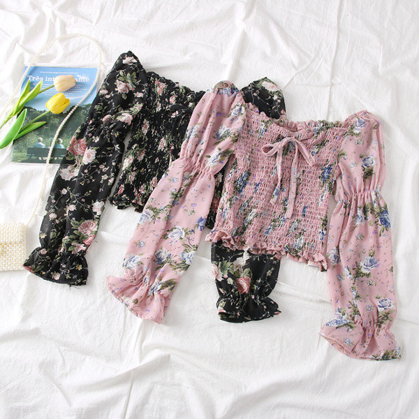 Bluza de dama cu umerii goi, cravate si motive florale in mai multe culori