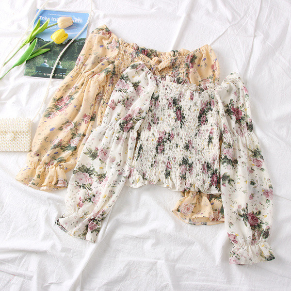 Bluza de dama cu umerii goi, cravate si motive florale in mai multe culori