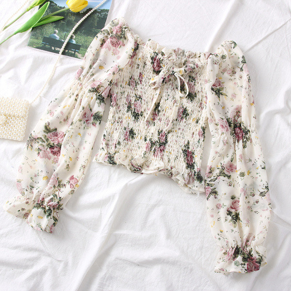 Bluza de dama cu umerii goi, cravate si motive florale in mai multe culori