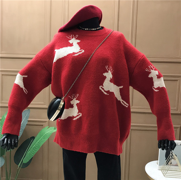 Pulover de dama de Craciun cu decolteu rotund si model in mai multe culori