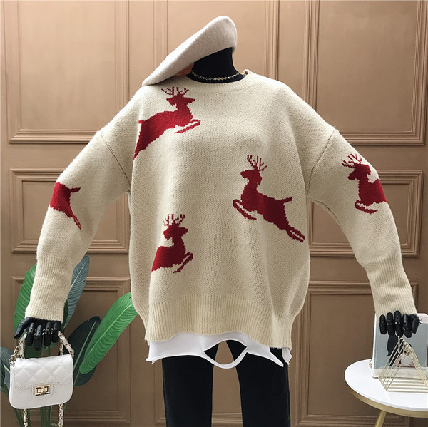 Pulover de dama de Craciun cu decolteu rotund si model in mai multe culori