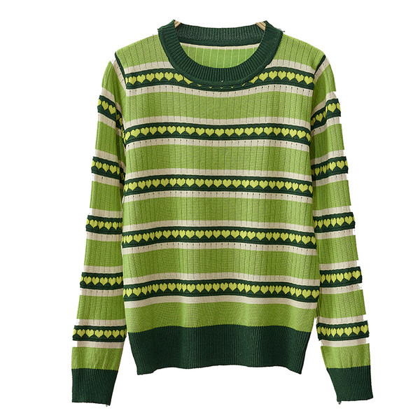 Női téli csíkos pulóver kerek nyakkivágással, zöld színben