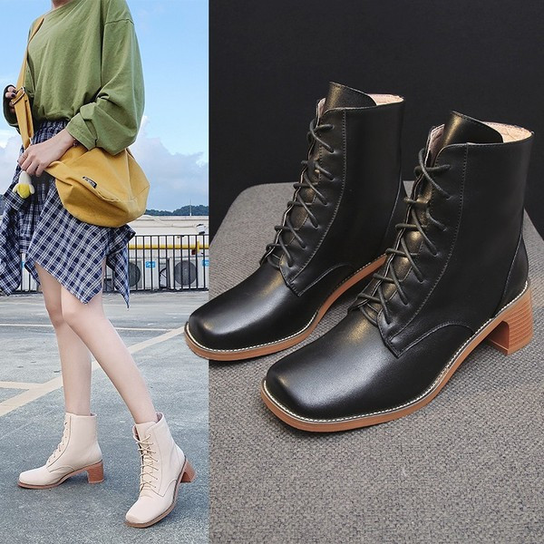 Cizme de dama din piele cu sireturi in negru si bej