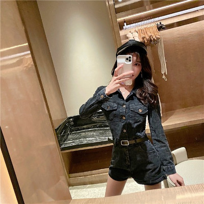 Salopeta scurta din denim cu maneci lungi si nasturi