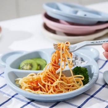 Пластмасов комплект за хранене включващ чиния във формата на мече с 3 разделения + вилица и лъжица в розов, бежов и син цвят