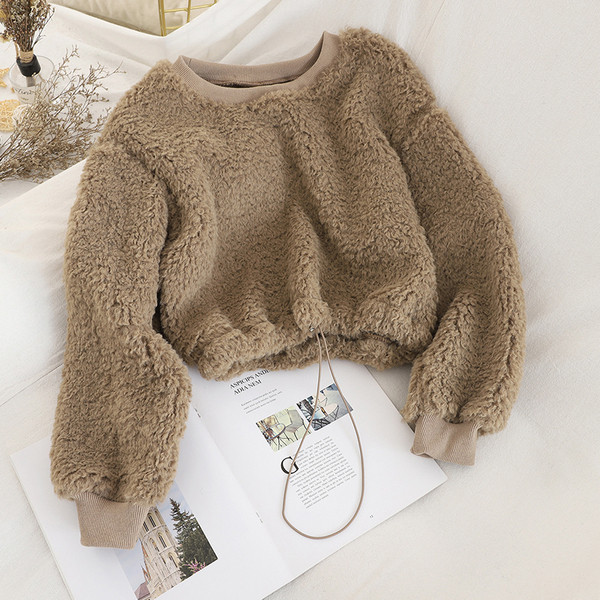 Pulover de dama de pluș în trei culori cu cravate și decolteu oval