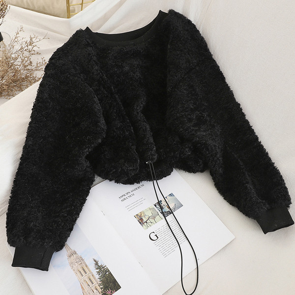 Pulover de dama de pluș în trei culori cu cravate și decolteu oval