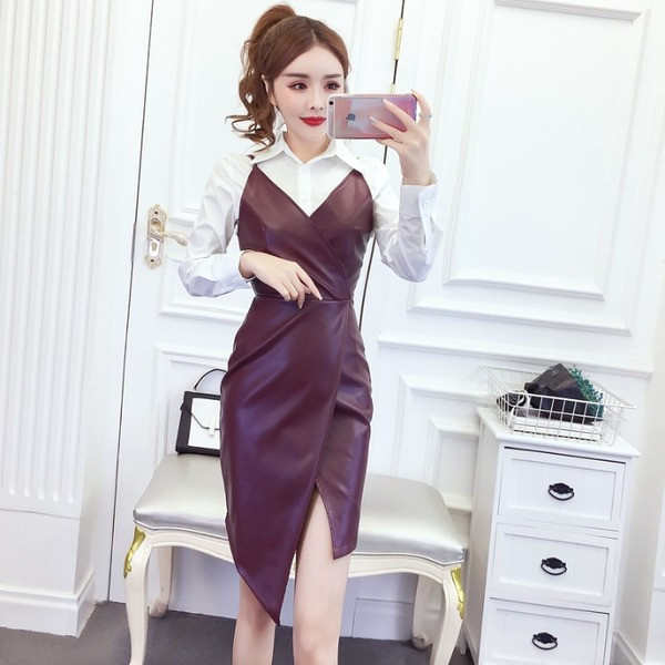 Női aszimmetrikus bőrruha vékony pántokkal