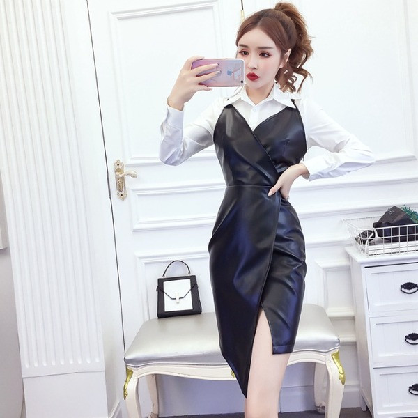 Női aszimmetrikus bőrruha vékony pántokkal