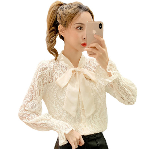 Női csipke ing szalaggal és gombokkal - fehér és fekete gyöngyökkel