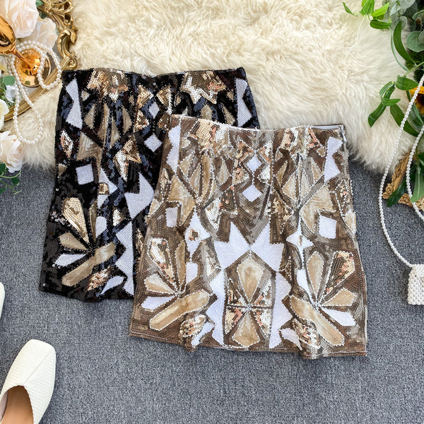 Fusta de dama cu paiete si talie inalta in trei culori