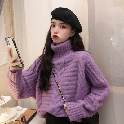 Téli vastag pulóver pólógallérral, lila és bézs színben