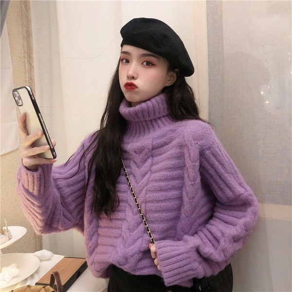 Téli vastag pulóver pólógallérral, lila és bézs színben