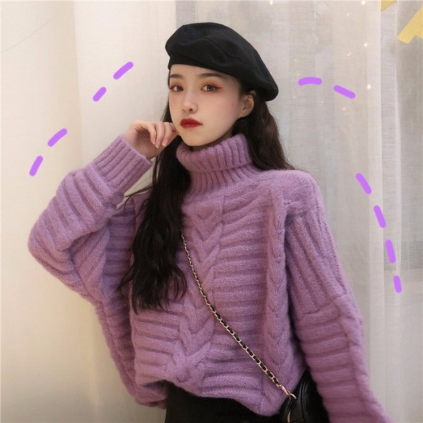 Téli vastag pulóver pólógallérral, lila és bézs színben