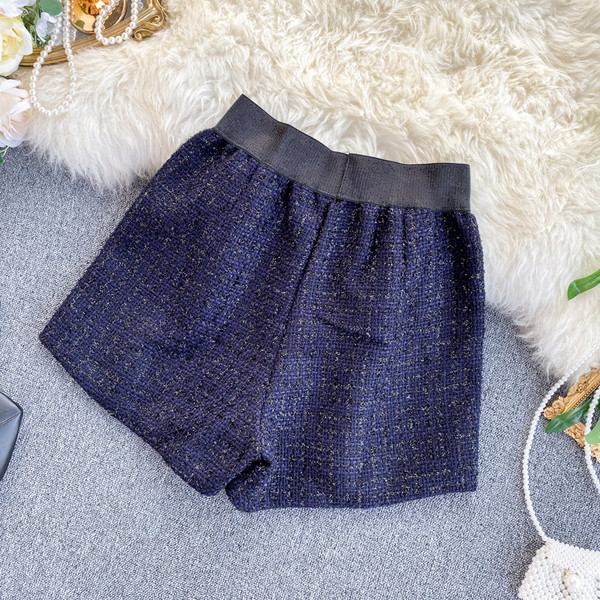 Pantaloni scurți de iarnă de damă cu talie înaltă în negru și albastru