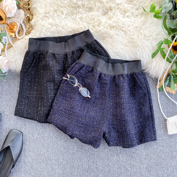 Pantaloni scurți de iarnă de damă cu talie înaltă în negru și albastru