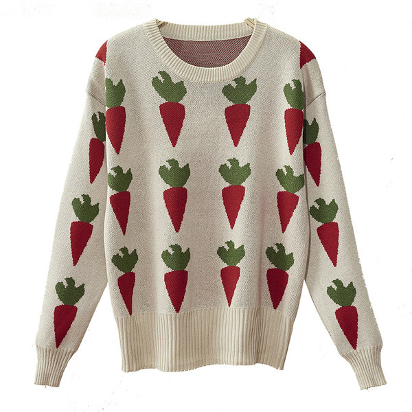 Női téli pulóver színes hímzéssel, kerek nyakkivágással